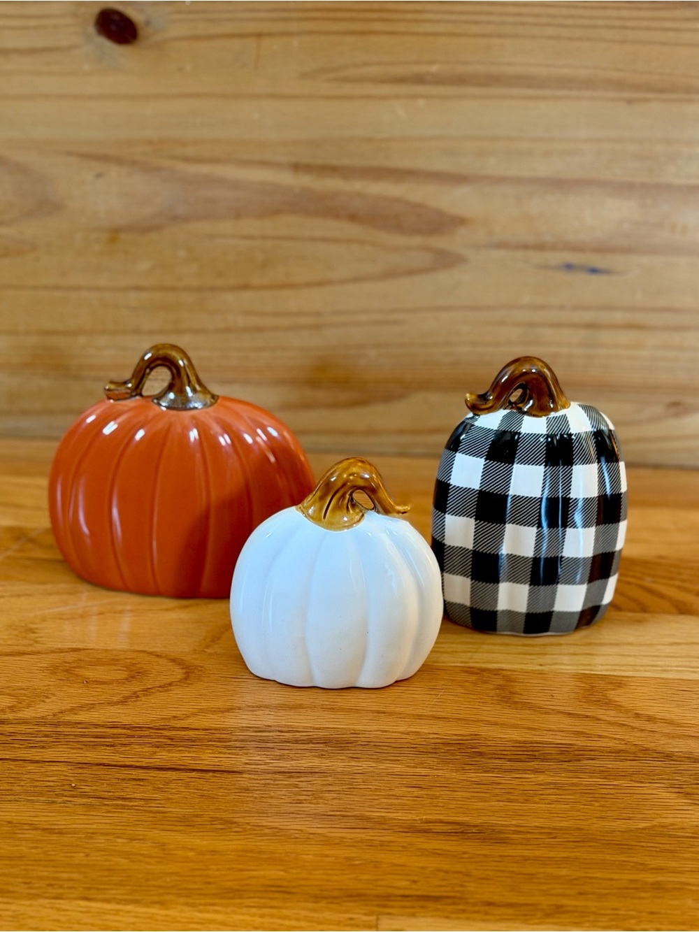 Decorative Ceramic Pumpkins, Kirklands. Set / 3 - Orange, White, Buffalo Plaid